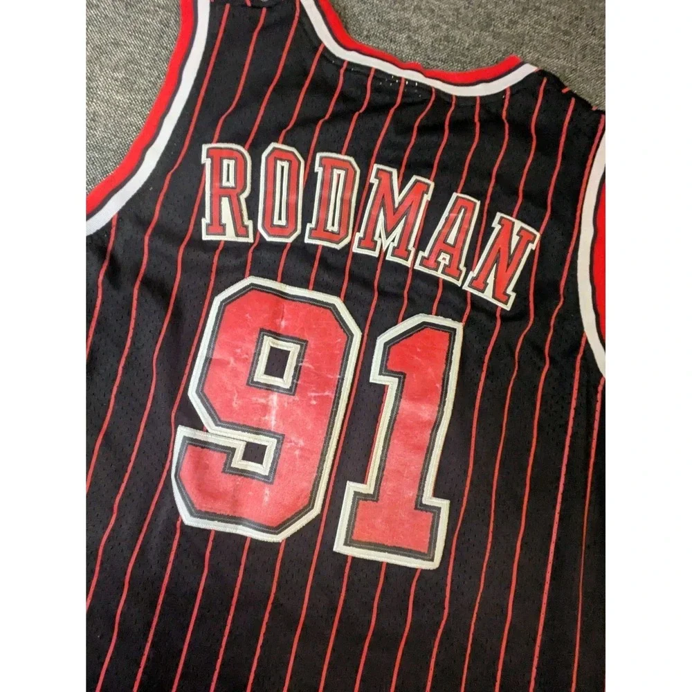 Dennis Rodman #91 Chicago Bulls Adidas NBA Basketball Pinstripe Jersey Large +2